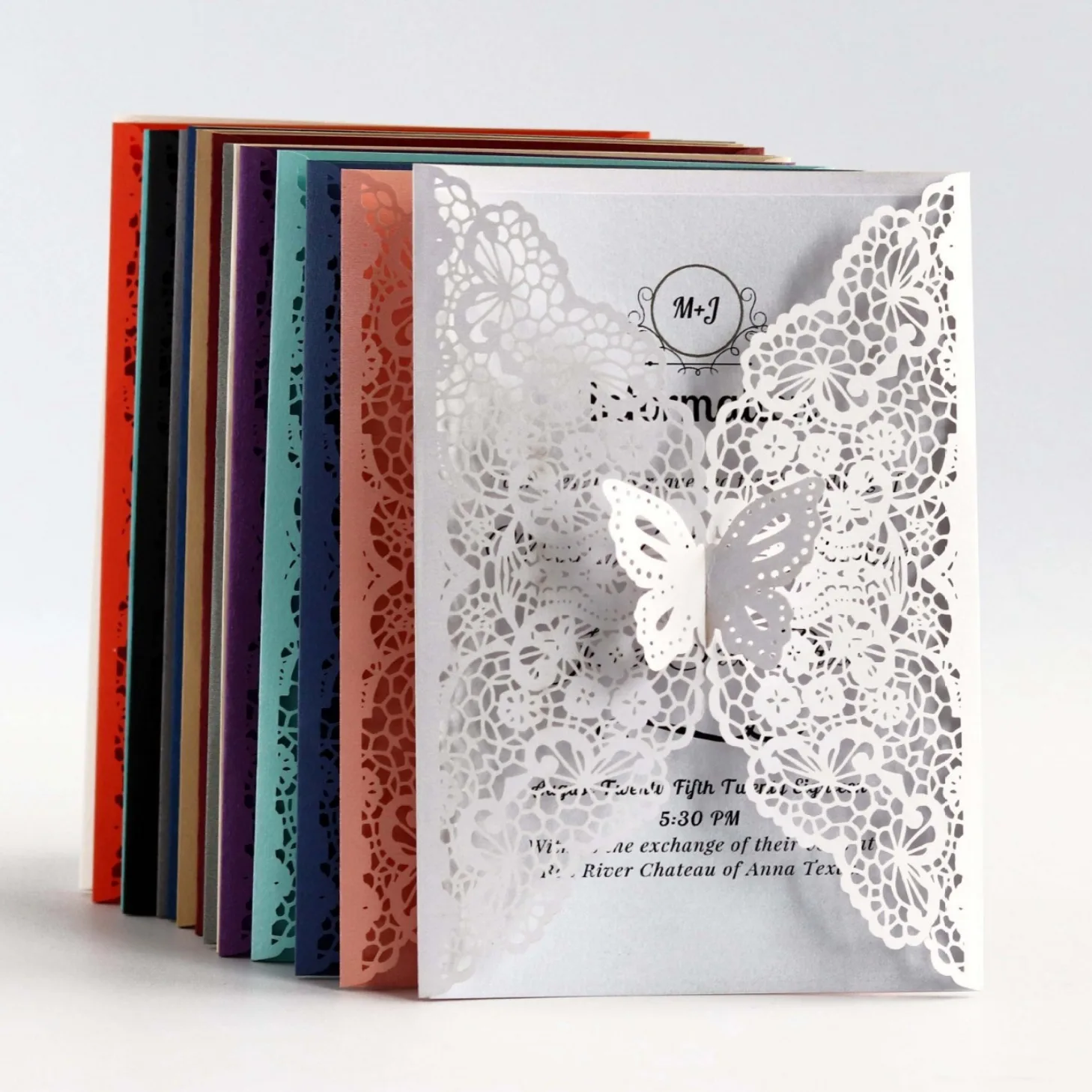 

3D three-dimensional wedding butterfly lace greeting card laser-cut invitation with festive dark blue design and European-style