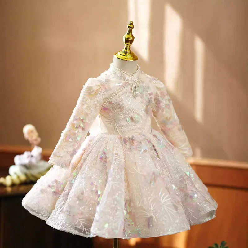 

Легкое роскошное нишевое детское платье для выступлений на фортепиано для девочек, свадебное платье с цветочным принтом и длинными рукавами для маленьких девочек, принцесса Dre