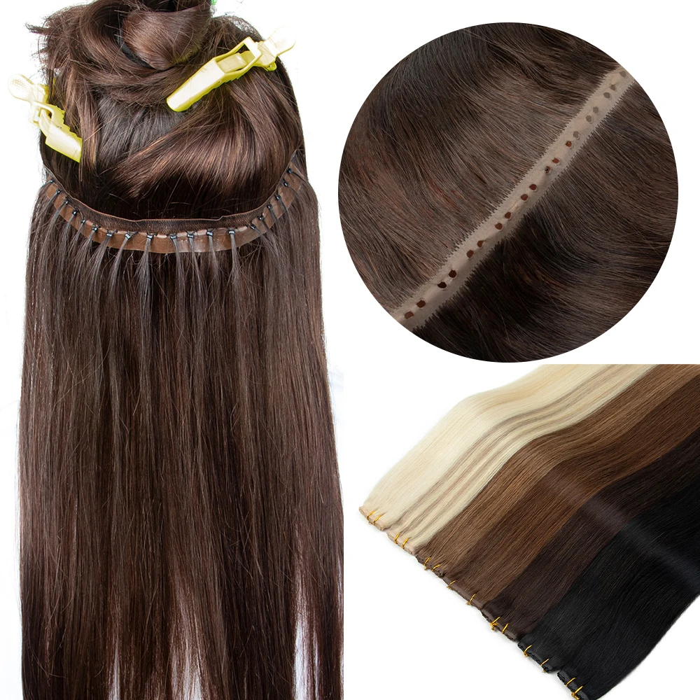 Extensions de cheveux naturels Remy à double languette, 25 cm de long, trame plate en PU avec perles nano, trame invisible, pour pose à la machine