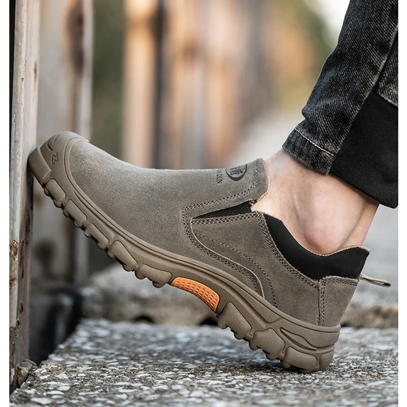 men's fashion steel toe covers work shoes slip-on cow suede leather welding worker safety boots security loafers safe footwear