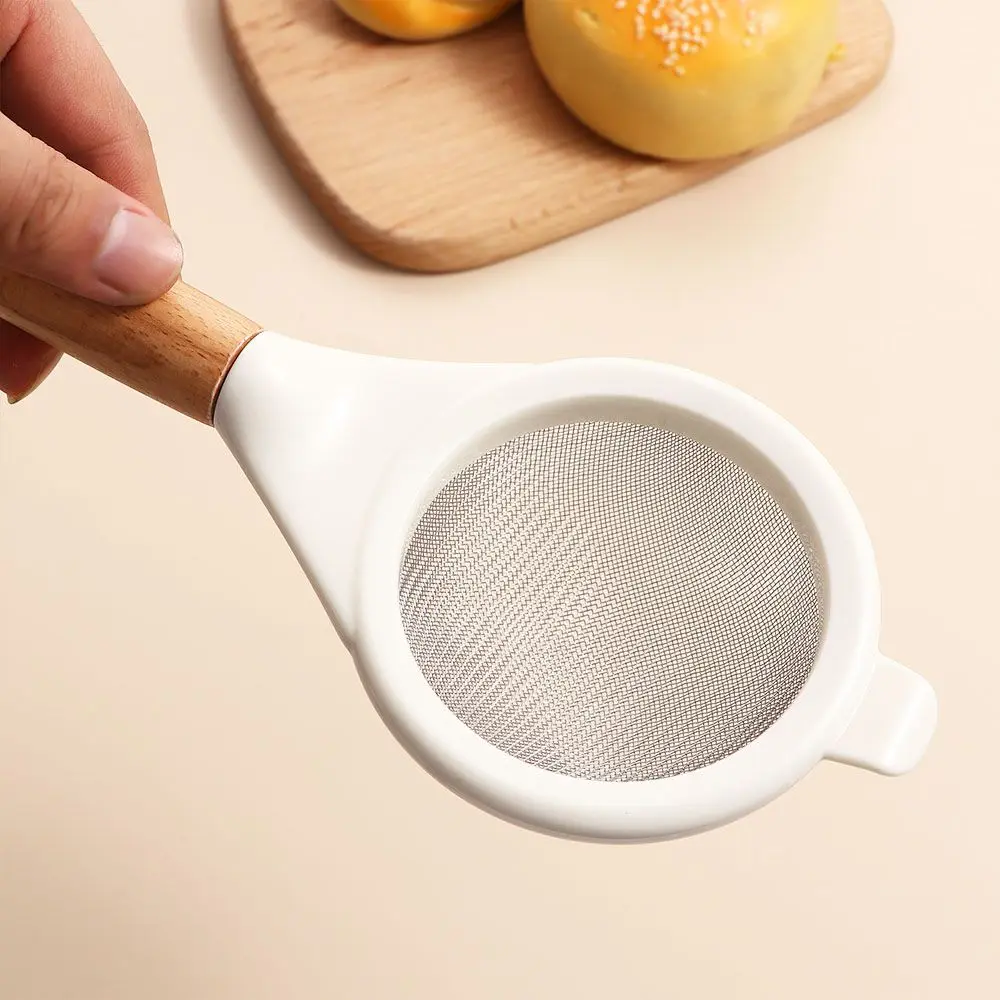 Wooden Handle Sieve Stainless Steel Fine Mesh Flour Sifter Colander Sugar Cocoa Matcha Powder Flour Colander Hand-held