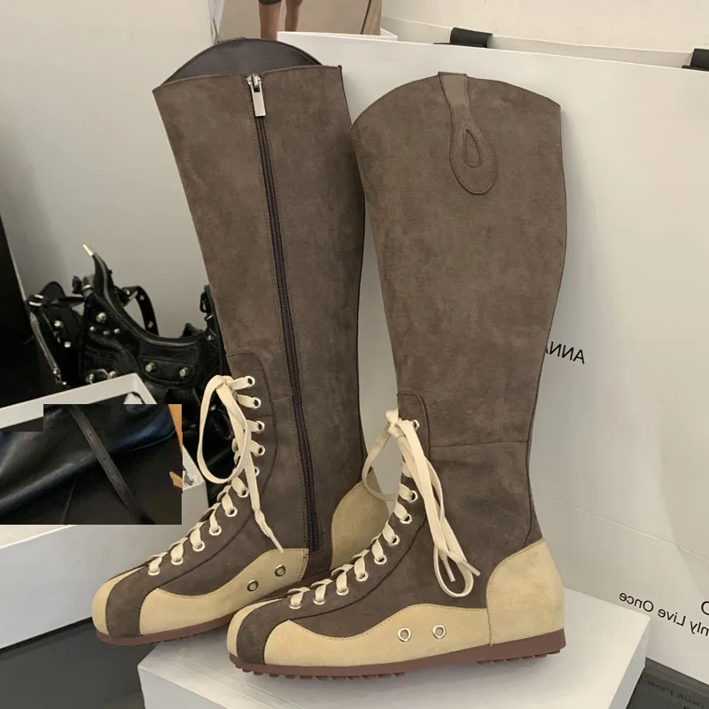 

Aneikeh модные зимние женские сапоги до колена в стиле панк с круглым носком, разноцветные женские сапоги до колена на шнуровке, обувь на плоской подошве с застежкой-молнией