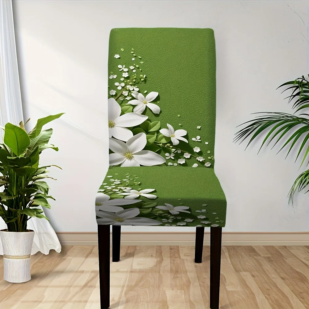 2/4/6pcs Fresh Green & White Floral Dining Chair Slipcover, Washable Stretch Seat Protector