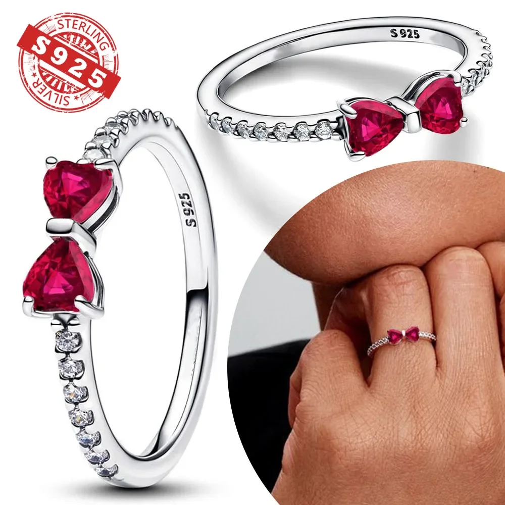 New 925 Silver Ring Zircon Shining Red Bow Ring Original S925 Finger wedding Ring DIY Women Fine Jewelry Gift