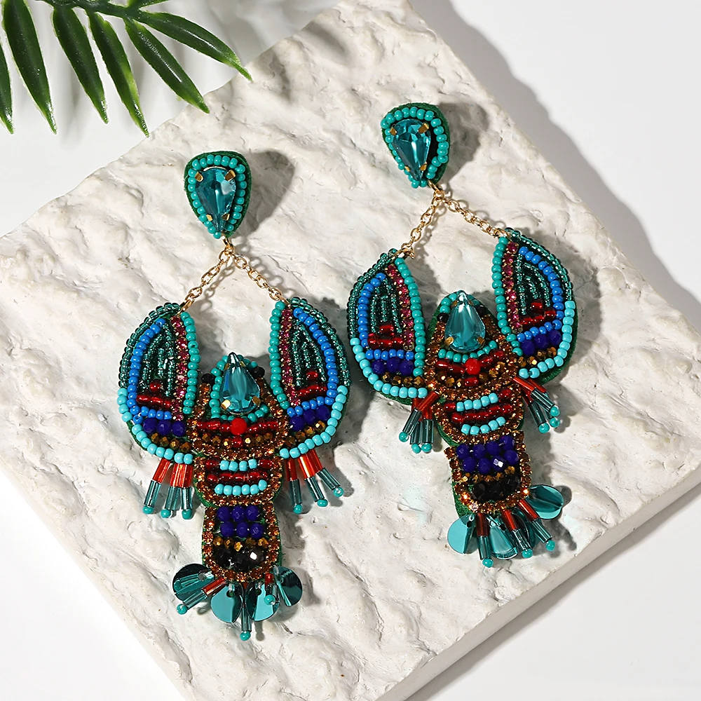 AENSOA Bohemian Blue Rhinestone Seed Beaded Lobster Shaped Drop Earrings for Women Ocean Animal Earrings Vacation Jewelry Gifts