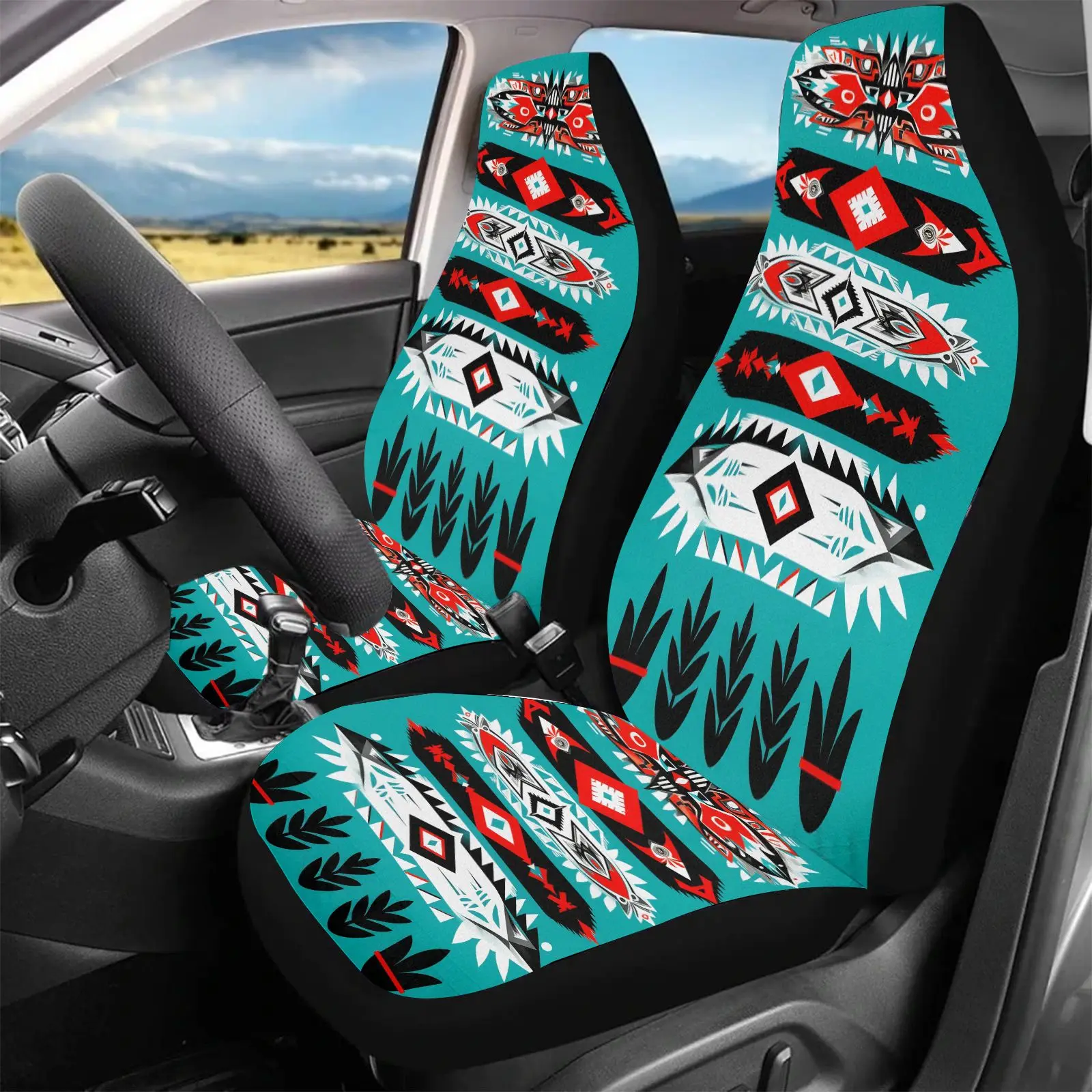 Car Seat Covers Teal Red Black Tribal Pattern With Geometric Designs And Leaf Motifs For Car Interior Decoration