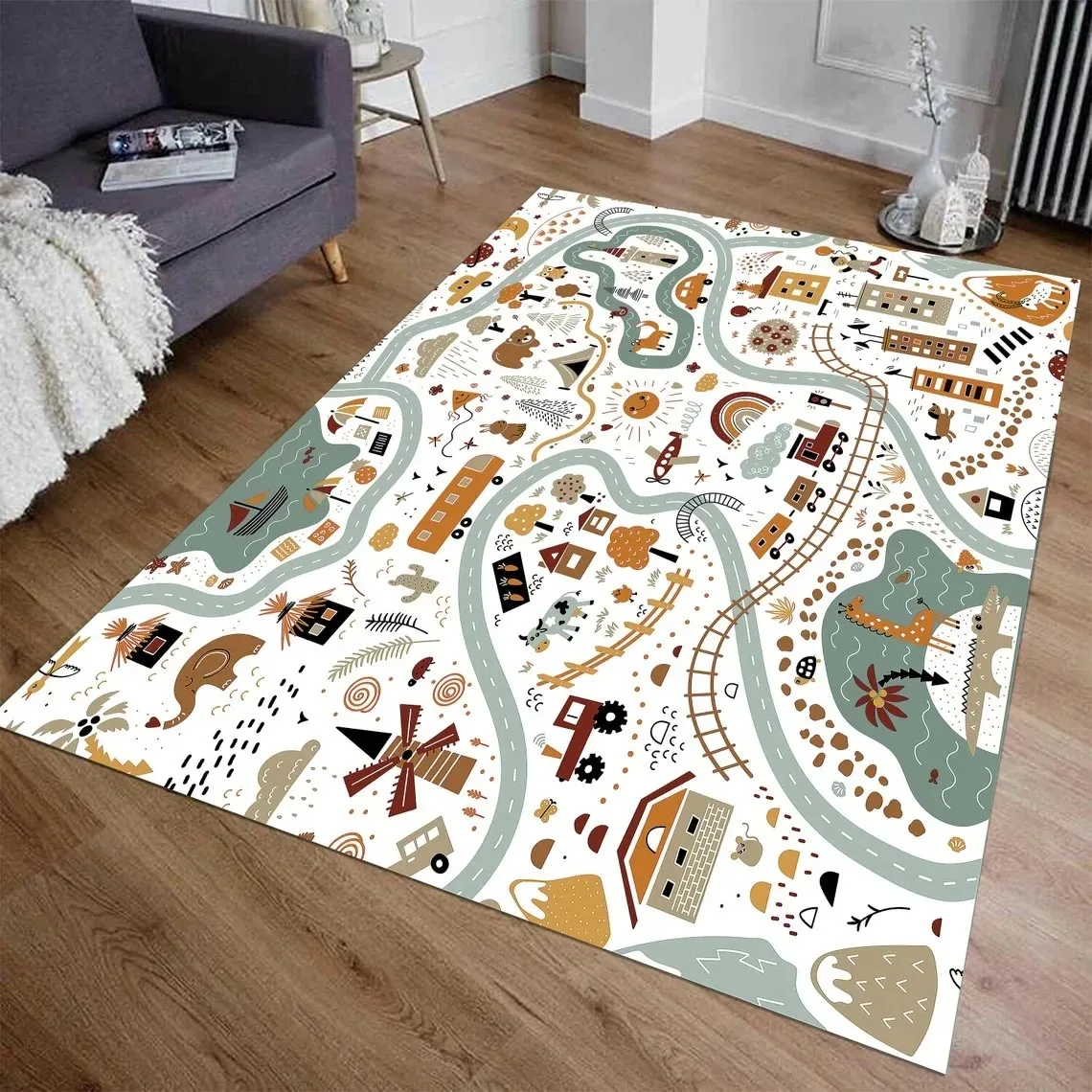 Pvc Non-Slip Kids Play Rug Highway City Traffic-Themed Mats for Kids Toy Cars Kids Rugs for Playroom Bedroom Living Room Carpet