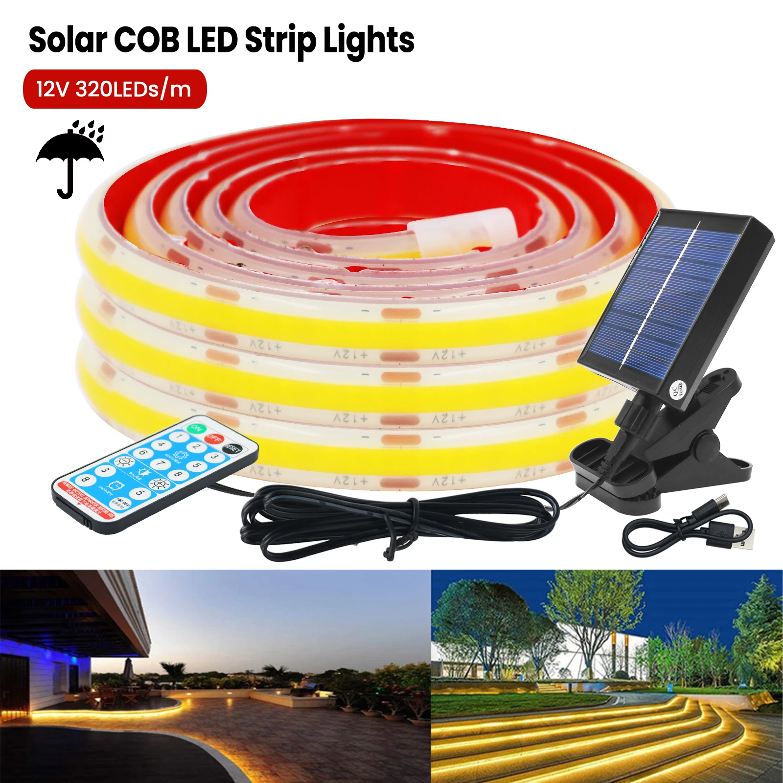 12V 24V Dimmable Solar COB Strip Outdoor IP68 Waterproof 320LEDs/M RA90 High Density Flexible Ribbon Tape Lamp 3000K 4000K 6000K