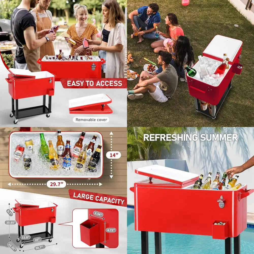 

Portable 80 Quart Rolling Cooler with Storage, Bottle Opener for Outdoor Parties and Beach Trips