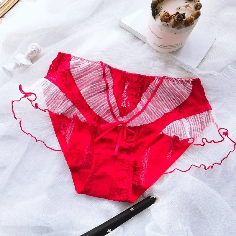 Japanese Women Lovely Cute Lolita Kawaii Mesh Lace Panties Palace Ruffles Lace Briefs Knicker Big Size 60-120KG