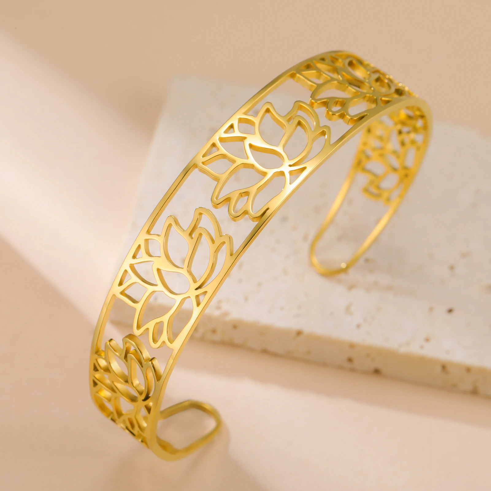 COOLTIME Lotusblume Offener Armreif Edelstahl Yoga Buddhismus Hindu Amulett Lotus Armreif Schmuck Geburtstagsgeschenk Neu – Detail 9