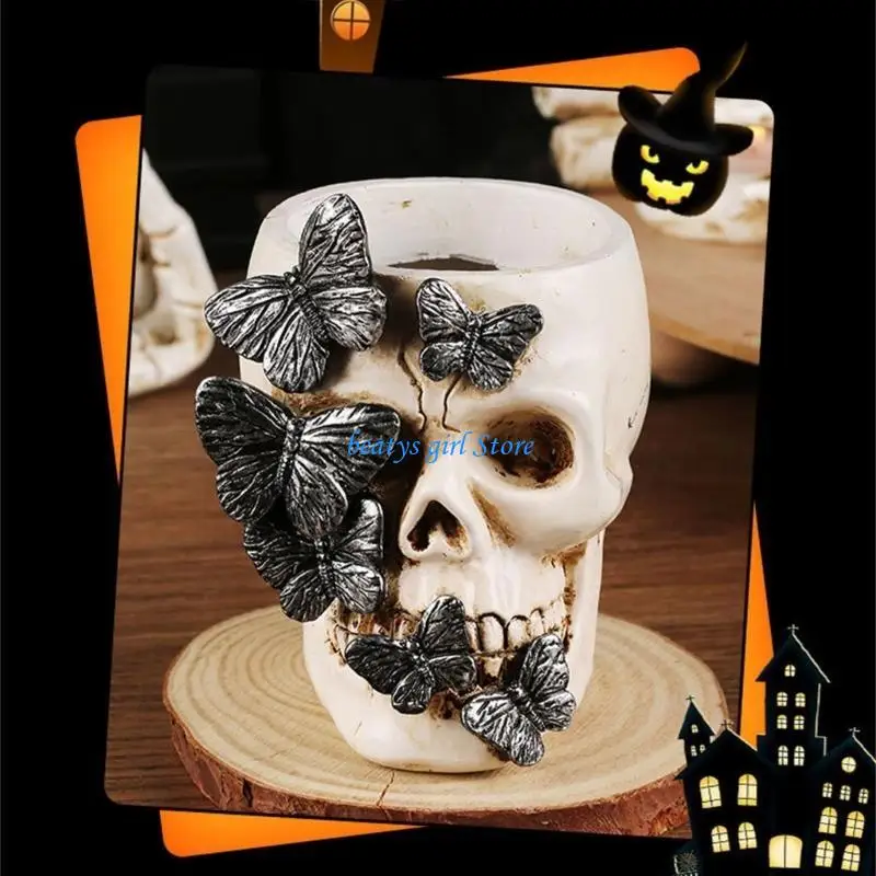 C7AB Halloween Skull Pen Cup Resin Pencil Cup Makeup Brush Organizers Storage Box Gothic Desk Decoration for Home Office