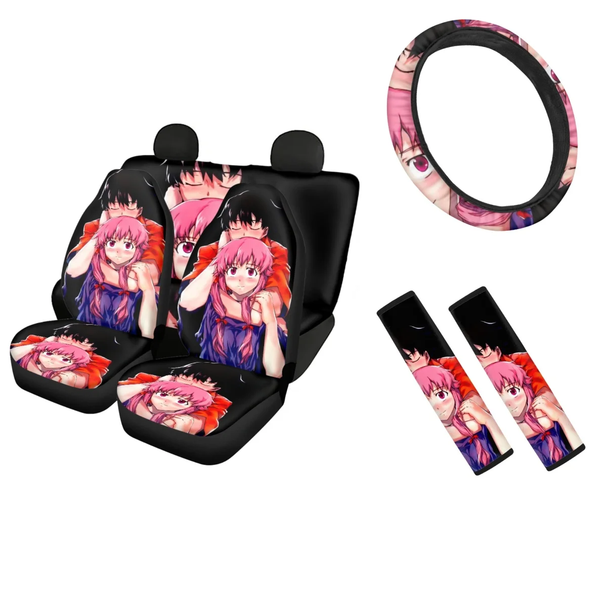 

Anime Future Diary Car Seat Covers Design Full Set Comfortable Automotive Seat Belt Cover Steering Wheel Cover for Women Mens