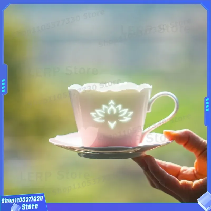 Jingdezhen Ceramic Latte Cup and Saucer Set Exquisite Powder Lotus Design Gradient Color Afternoon Tea Coffee Mug for Girls