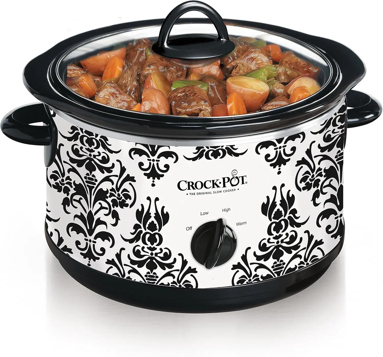 Pot 4.5 Quart Manual Slow Cooker, Damask Pattern, White