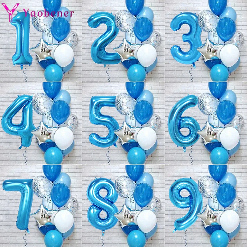 13 pçs azul 32 polegada número folha balão de látex feliz aniversário decorações festa crianças menino bebê príncipe 1 2 3 4 5 6 7 8 9 anos de idade 1st