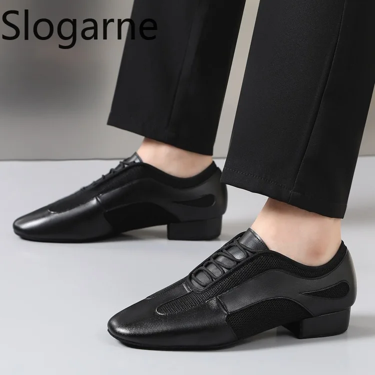 2026 Men Leather Latin Shoes Male 2.5 3cm Heels Jazz Tango Ballroom Dance Shoes Boys Genuine Salsa Waltz Dance Spoprts Sneakers
