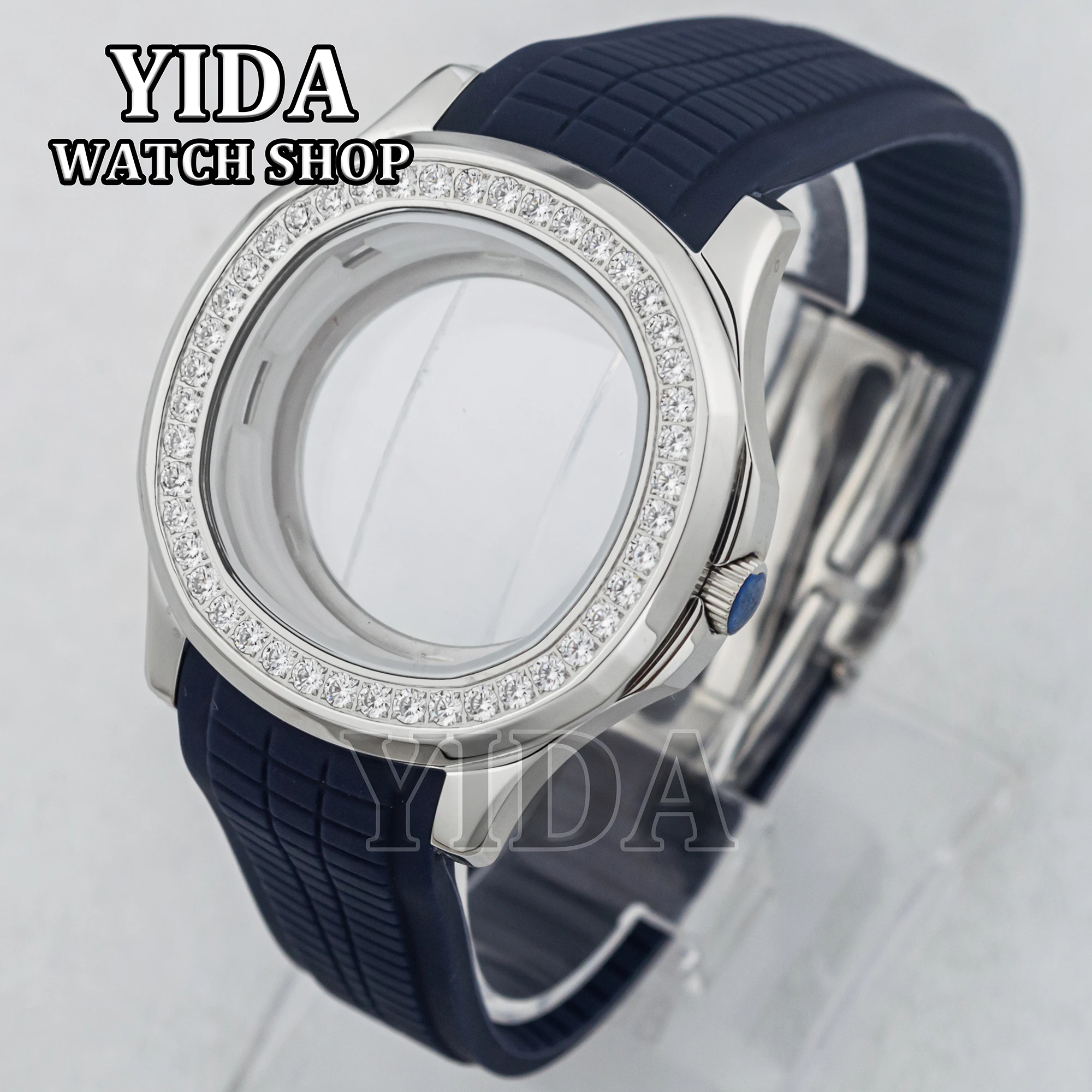 NH35 WatchCase 42MM Diamond Silver Case Rubber Band Sapphire Glass 100M Water Resistace for AQUANAUT Nautilus NH36 Movement Part