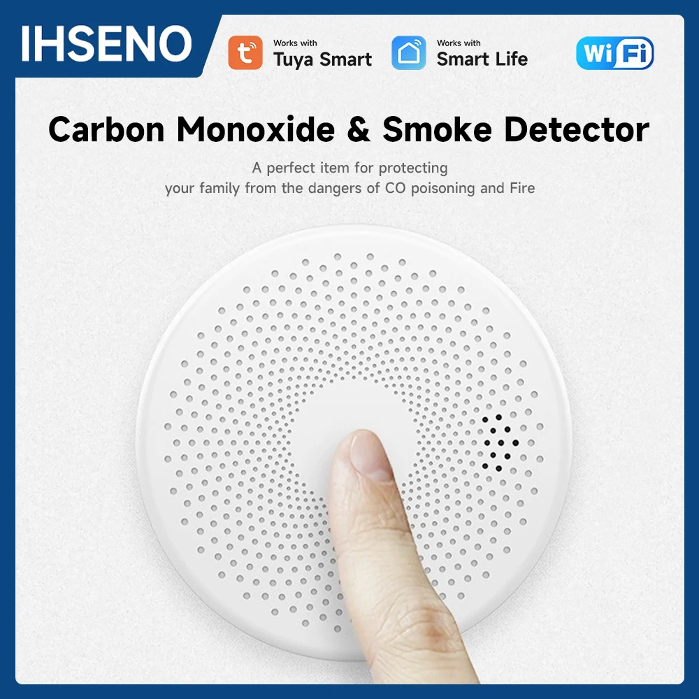 

IHSENO Tuya WiFI CO Smoke Sensor 2in1 Carbon Monoxide and Smoke Sensor Tuya Smoke Detector Smoke Alarm CO Detector Smart Home