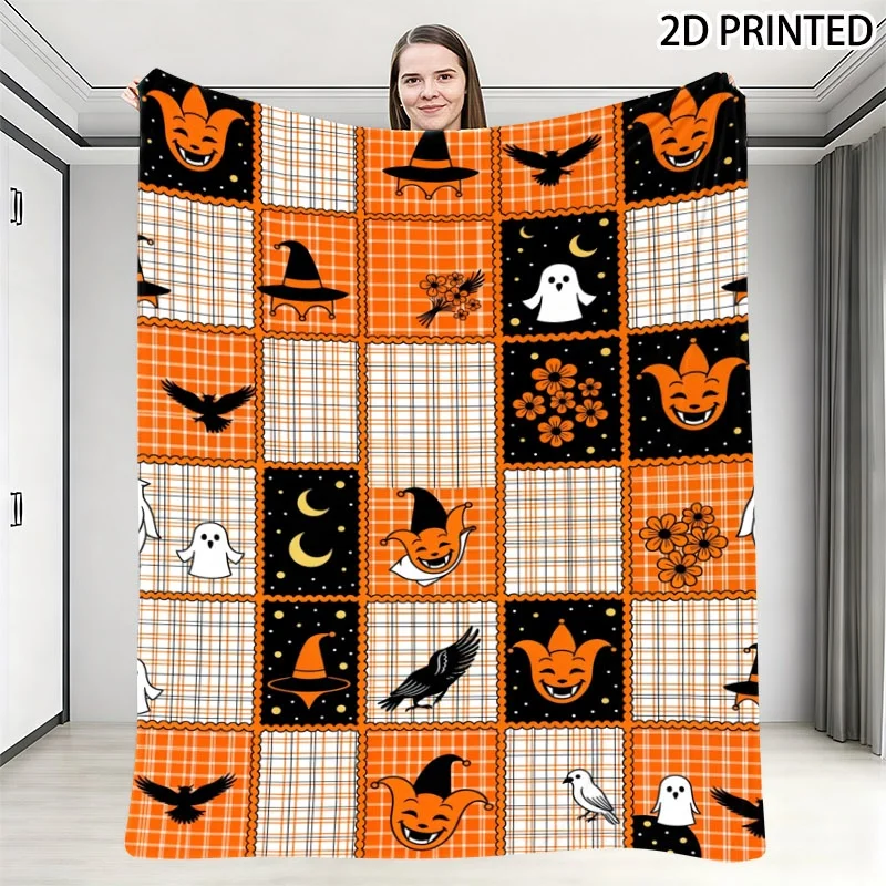 Halloween Themed Patchwork Print Throw Blanket with Spooky Jack-o'-Lantern,, Crow & Witch Hat Motifs, Soft Cozy Warm Cover in Mu