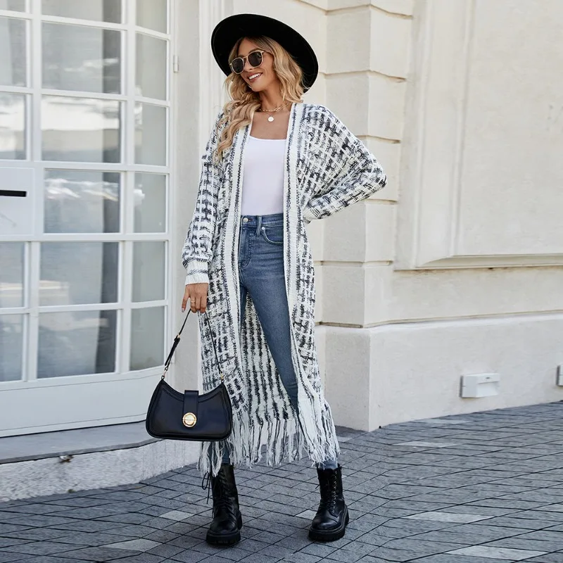 Casual Loose Colorful Plaid Tassel Knitted Long Cardigan for Autumn/Winter Women' Coats 2023 New Long Sleeves Sweater for Ladies