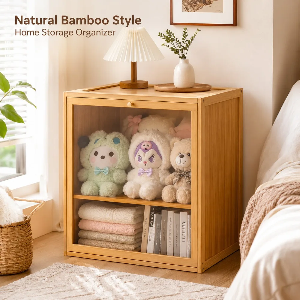 Bamboo Stackable Storage Cabinet with Clear Door Floor Organizer for Bedroom Living Room Balcony Bay Window Home Storage