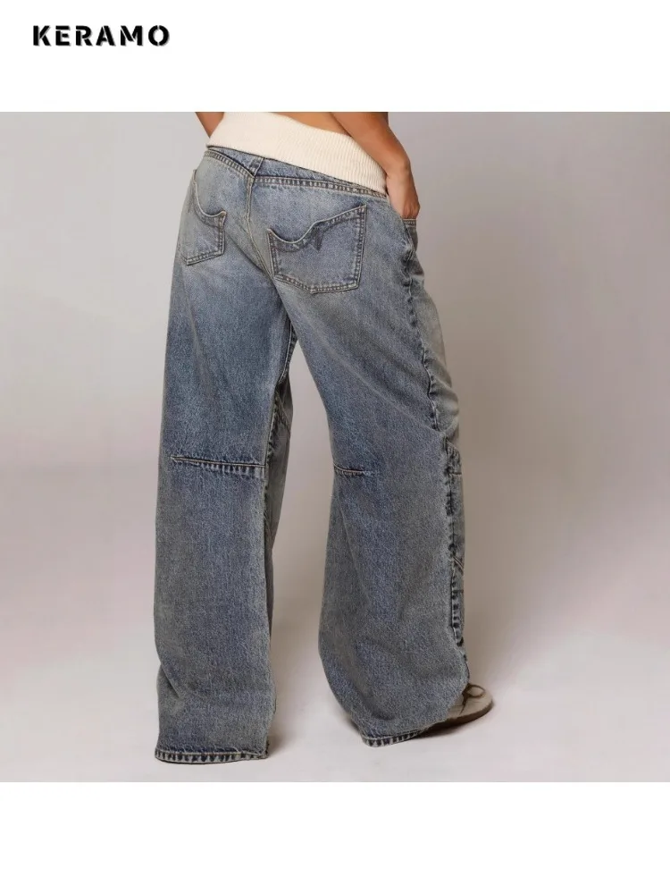 Women's Casual Elastic Waist Retro Denim Trouser Safari Style Baggy Emo Jeans 2025 Winter Blue Y2K 2000s Full Length Pants