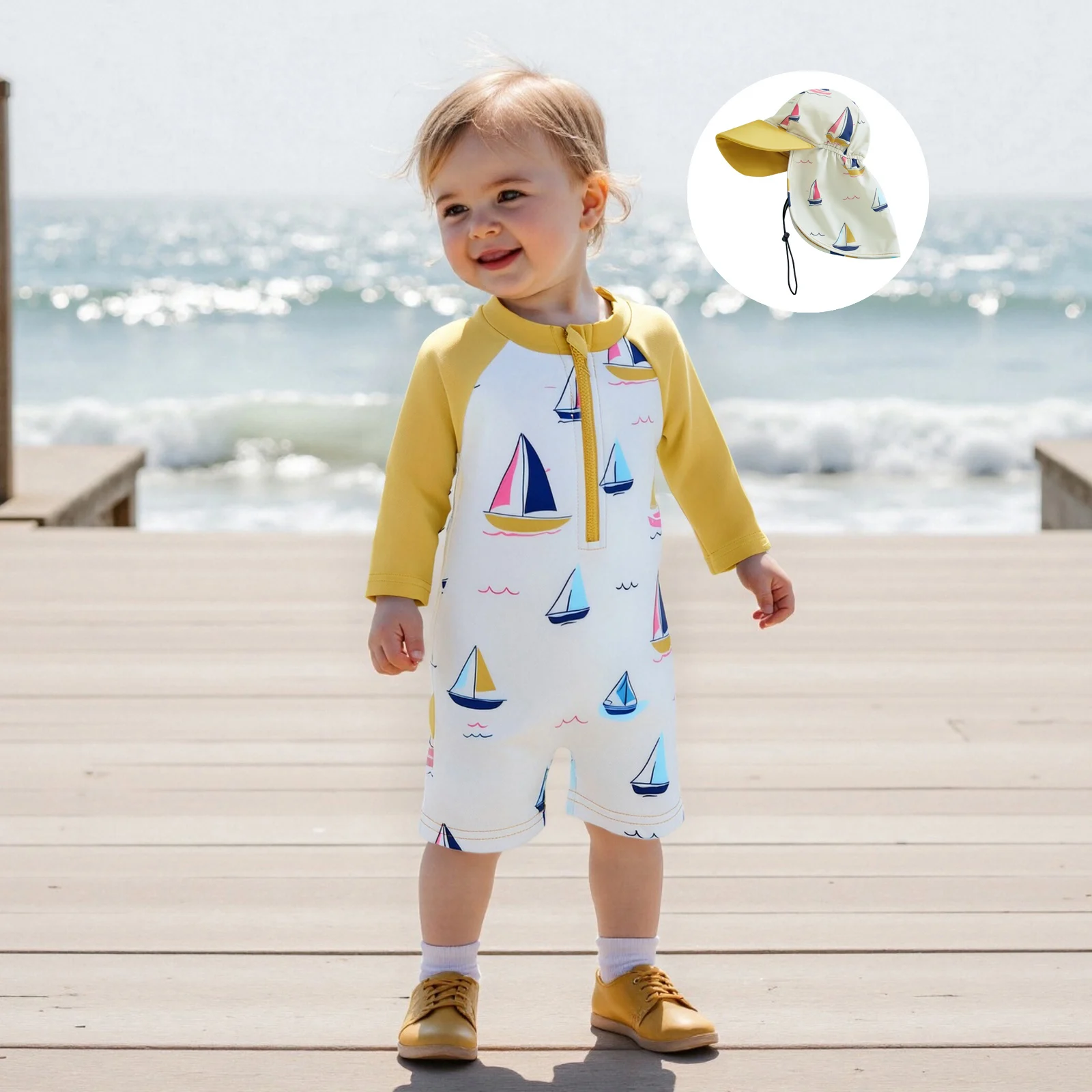 Toddler Boy Rash Guard Swimwear with Hat 2Pcs Set Sailboat Print Zip Up Long Sleeve Crew Neck Swimsuit Romper for Beach Pool 3