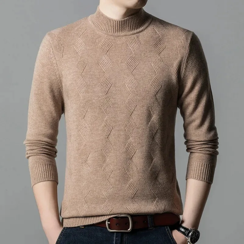 

Новый шерстяной осенне-зимний жаккардовый полуводолазка, утепленный свитер для мужчин среднего возраста, теплая вязаная основа