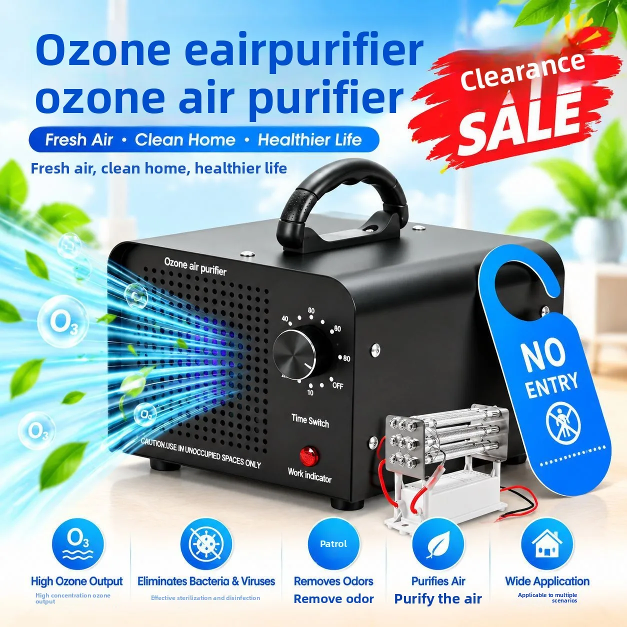 60gQuartz Tube Ozone Disinfector, Sterilization, Air Purification and Formaldehyde Removal Ozone Generator for Farms
