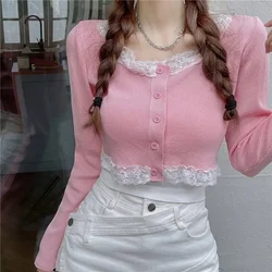 2022 nuova versione coreana moda maglione sottile a maniche lunghe donna dolce carino giapponese Kawaii pizzo monopetto corto Top