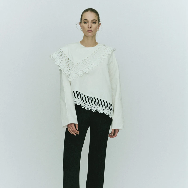 

Женская блузка Nordic VKC Faion Commute с асимметричным вырезом, кружевной отделкой и длинными рукавами, прямого кроя, из смесового хлопка