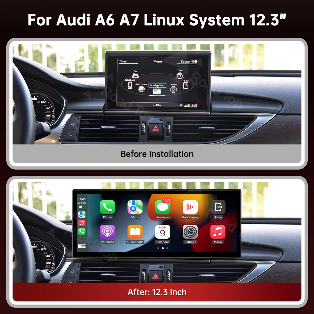 Pantalla multimedia inalámbrica RoadTop de 12.3 pulgadas con CarPlay, Android Auto, Airplay, Autolink y Linux para Audi A6 A7 2011-2018 RMC HN+ 4
