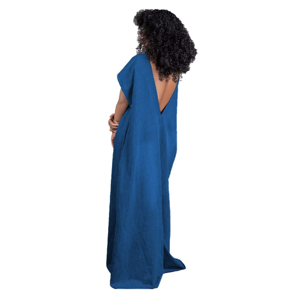 Women\'s Summer Vintage Loose Deep V Backless Dress 2024 Casual and Slouchy Denim Short Sleeve Long Viscose Women Dress LOOSE