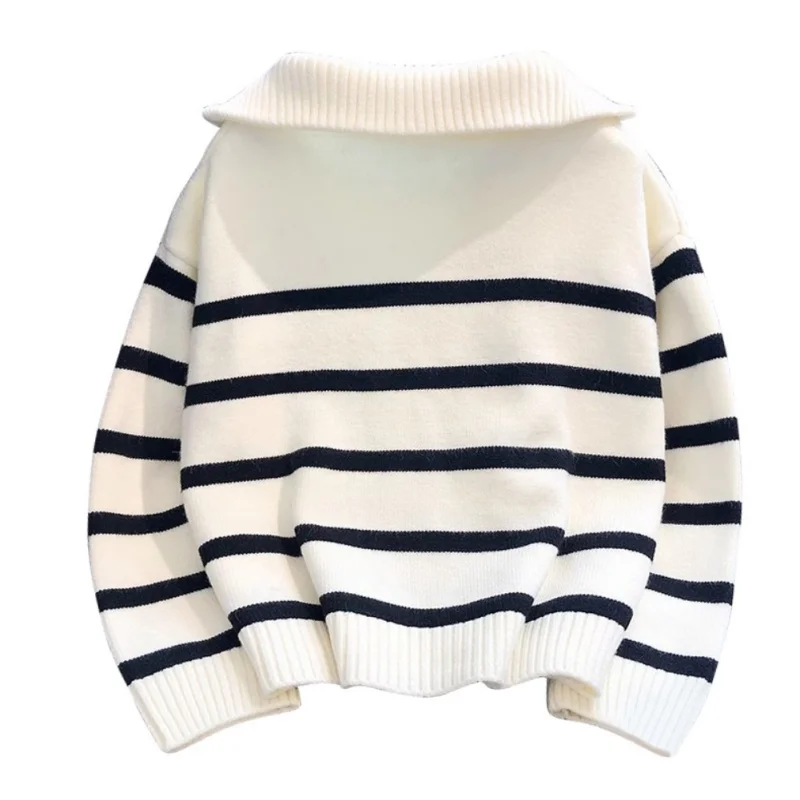 Women\'s Striped Sweaters Long Sleeves Knitted Casual Pullovers Loose Shirt Tops Fall Winter