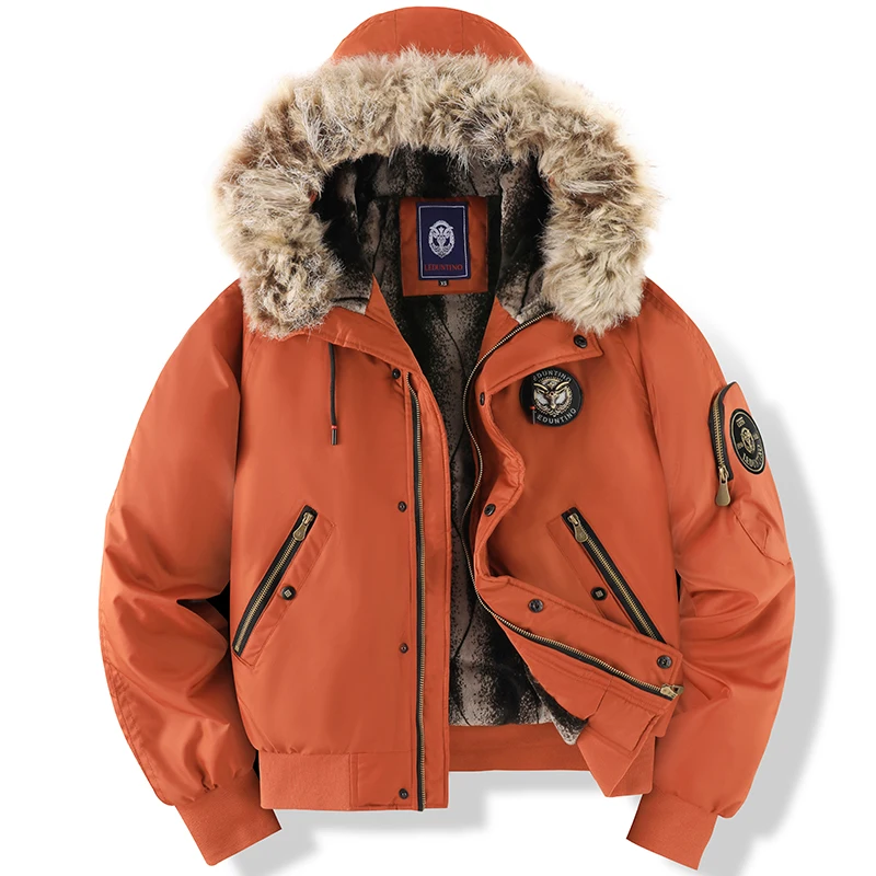 

Men's Casual Winter Jacket, Black Hooded Bomber Style, Premium Faux Fur Hood, Good Cold Insulation, Decorative Badge Zipper