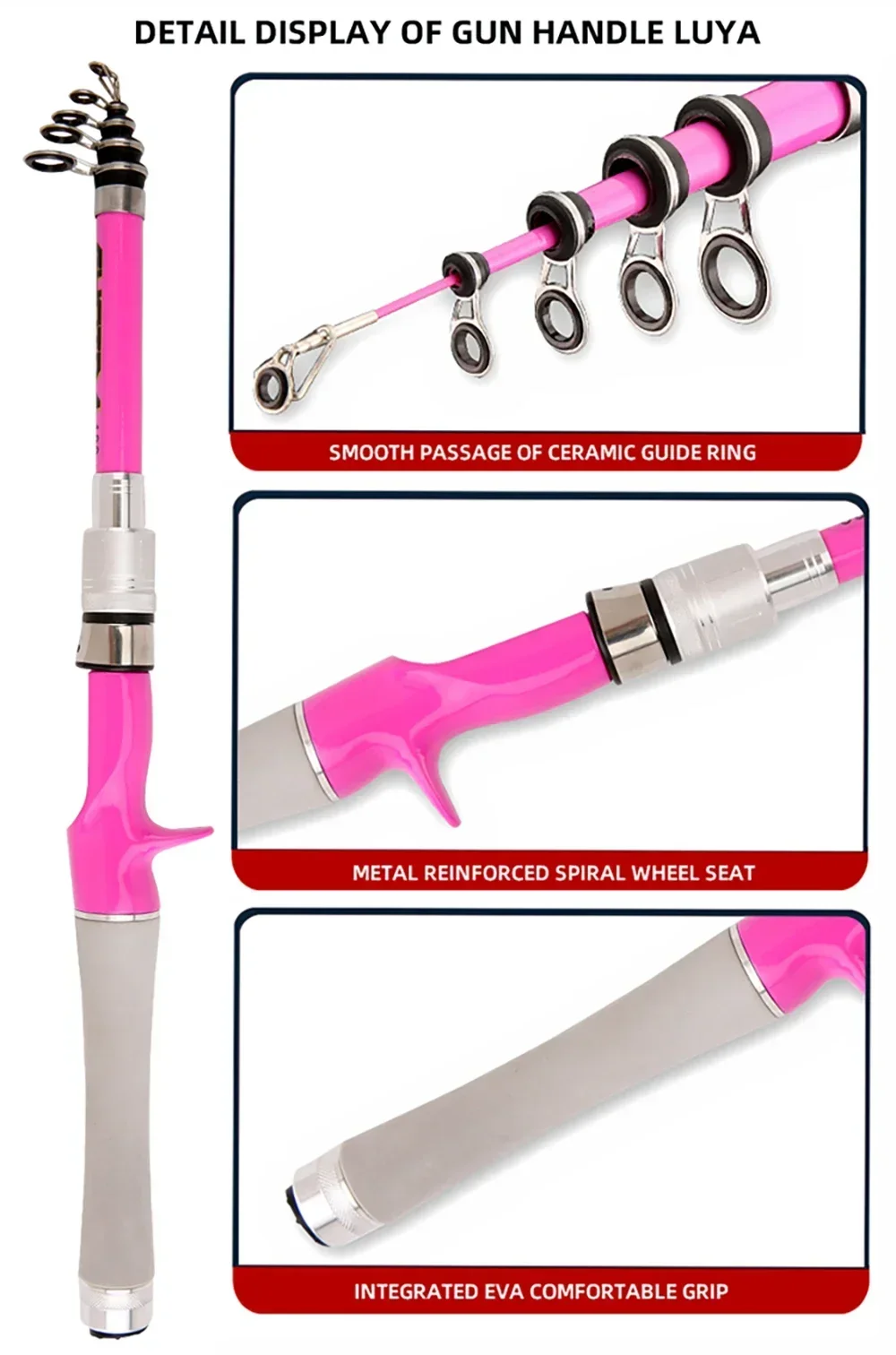 Rosa Angelruten-Set Mini Teleskop-Köderstange 1,5-2,4M Spinnrolle Max. Bremskraft 8KG Set mit Schnur Köder Komplettset für Anfänger – Detail 5