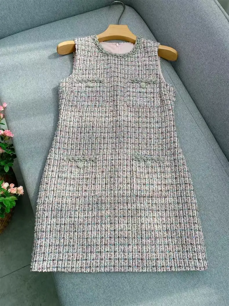 2025 principios de nueva moda mezcla de colores Tweed vestido sin mangas mujeres elegante temperamento cuello redondo decoración de diamantes Mini bata señoras