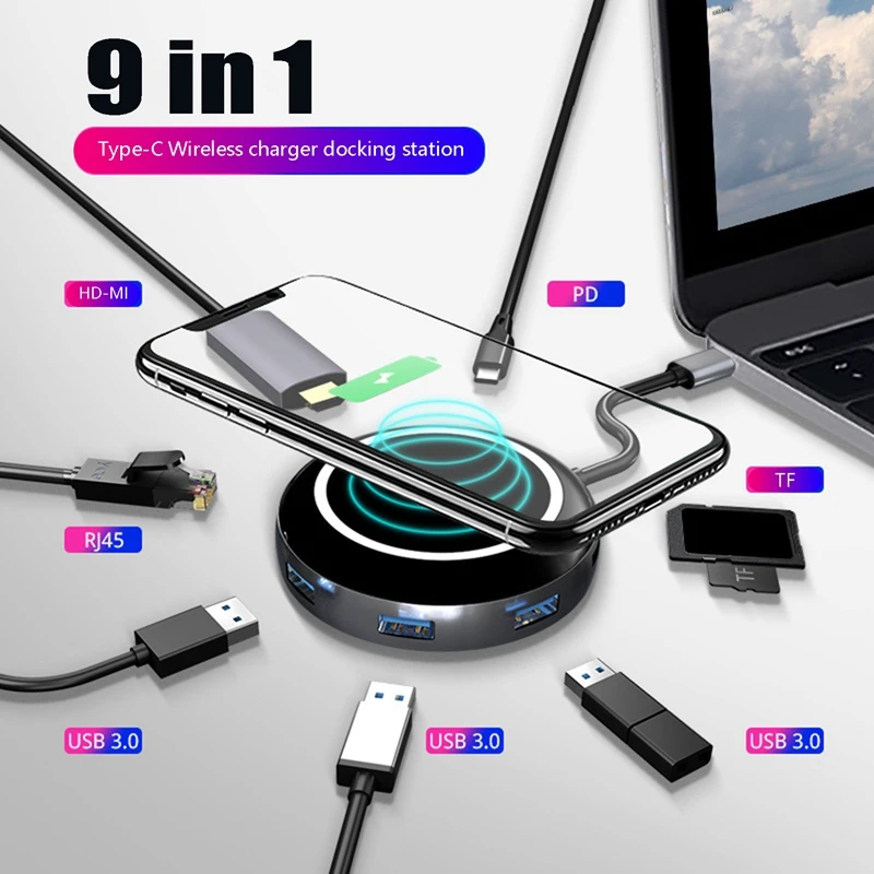 9 In 1 Type C Hub Wireless Charger USB C HUB Docking Station RJ45+-Compatible+PD+USB3.0 For