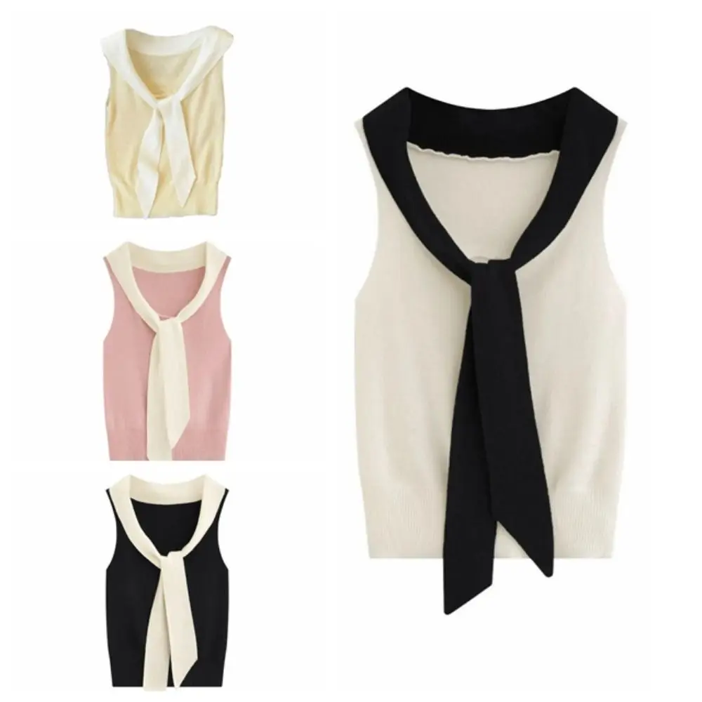 甘いパッチワークノースリーブ Tシャツスパイシーガールスタイルニット夏スリムクロップトップスレースアップシンプルな女性のレースアップベストレディースガールズ