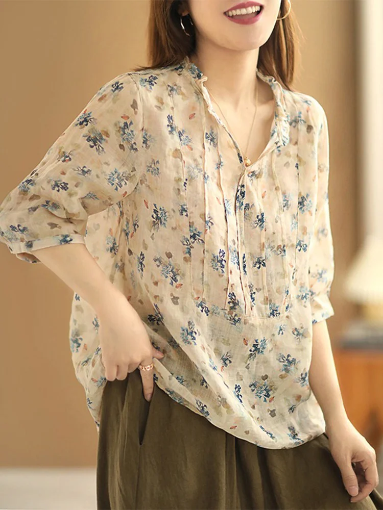

Loose Floral Print Linen irt Women's V-ne ort Sve Vintage Sle Casual Comfortable Fit Summer Faion Top