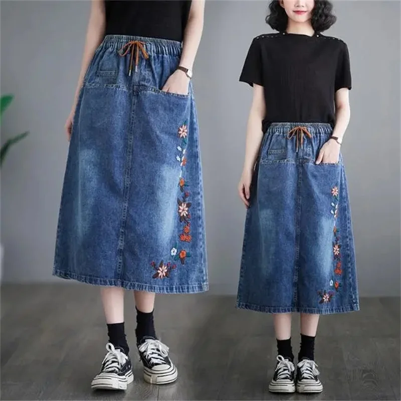 

Casual Cowboy Skirt, For Women Clothing, Retro Drawstring Elastic High Waisted Embroidery Slit Skirts, Spring Autumn Denim Skirt