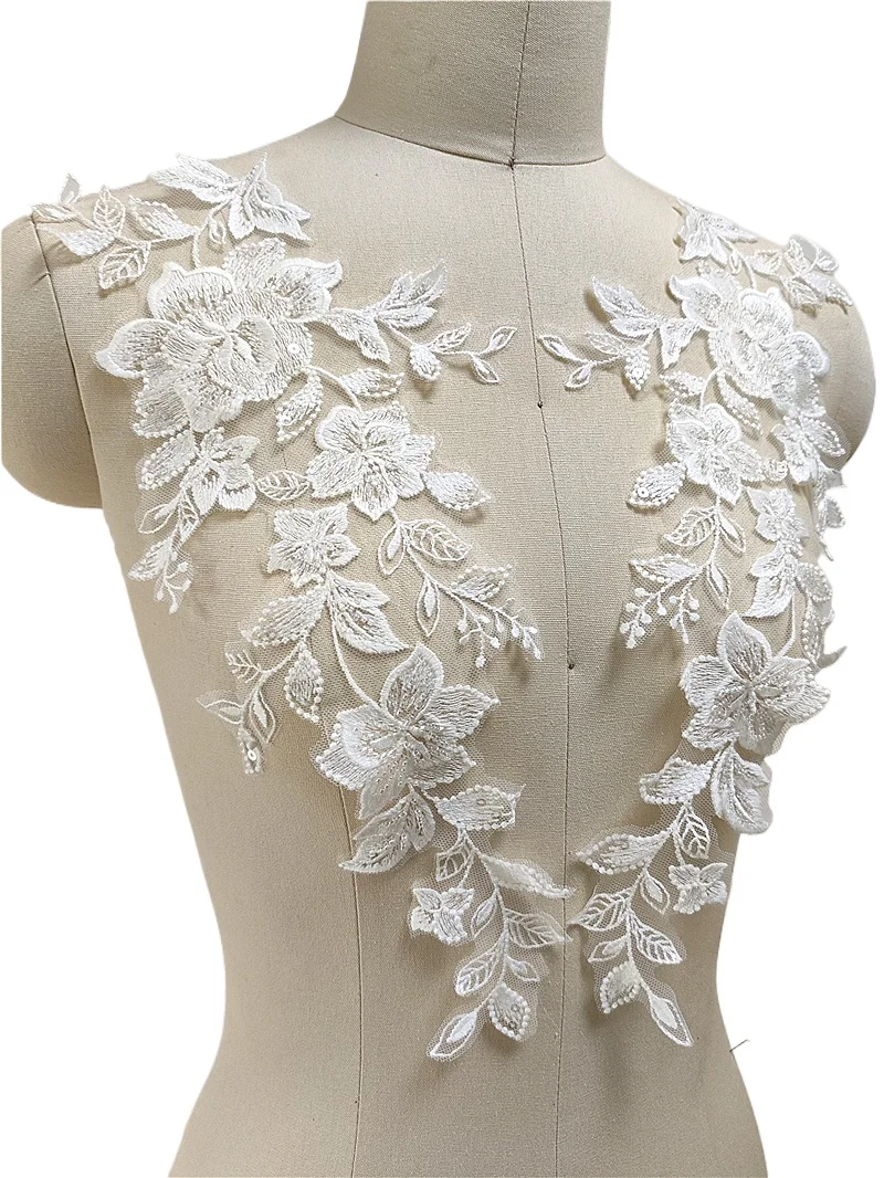 2 paia e 5 paia. Off White Beaded ricamo 3D pizzo specchio fiori foglia di alta qualità fatto a mano fai da te velo da sposa Patch Applique