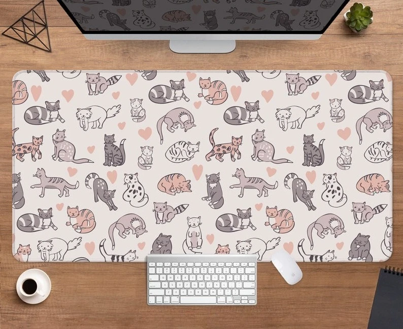 Cute Cats Desk Mat Minimal Mousepa Beige White Mouse Pad Gaming Deskmat Kawaii Animals Boho Neutral Kawaii Desk Accessories
