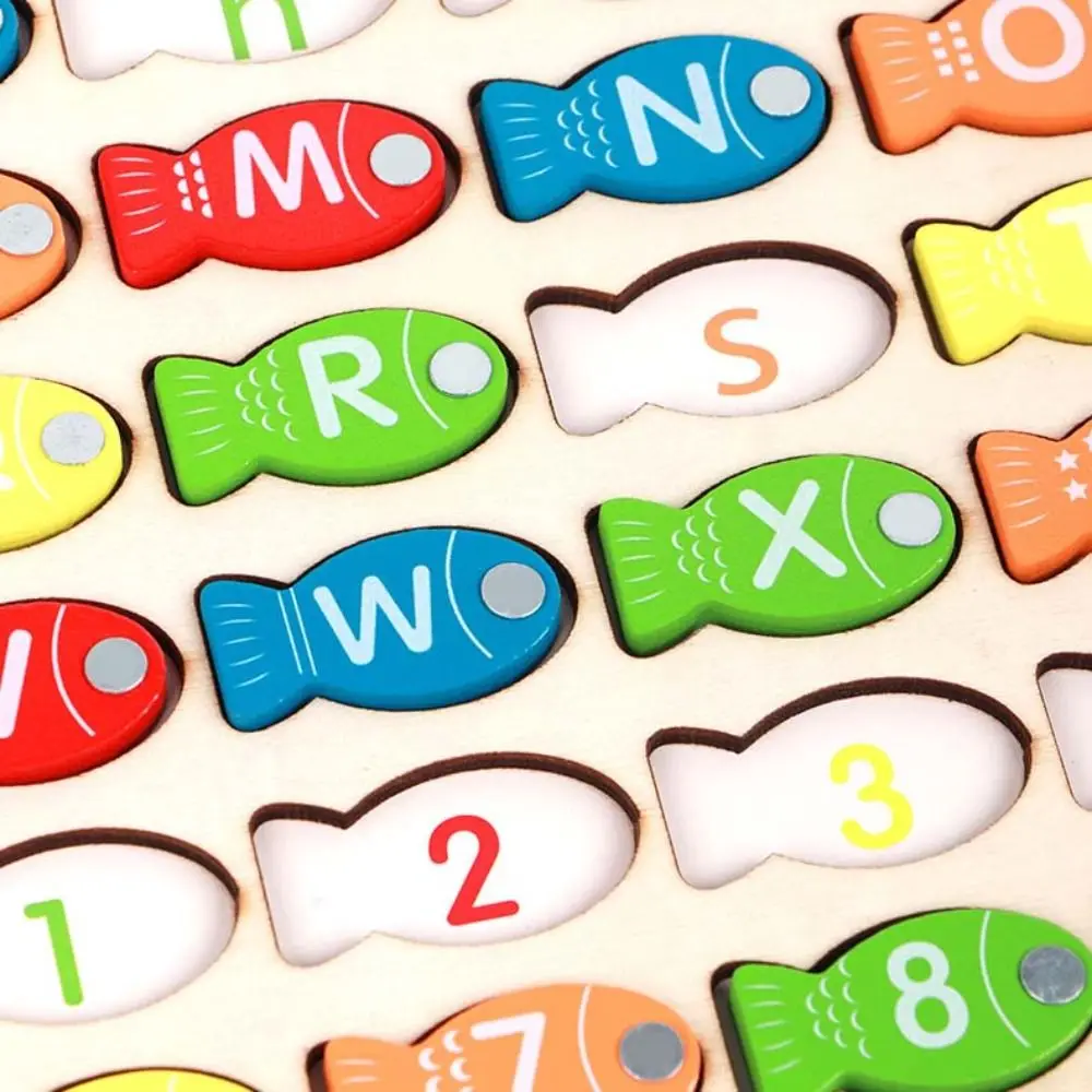 Pesca in legno Puzzle educativo precoce Bordo Lettera Numero Puzzle Lettera colorata Cognizione Gioco di pesca Bambini