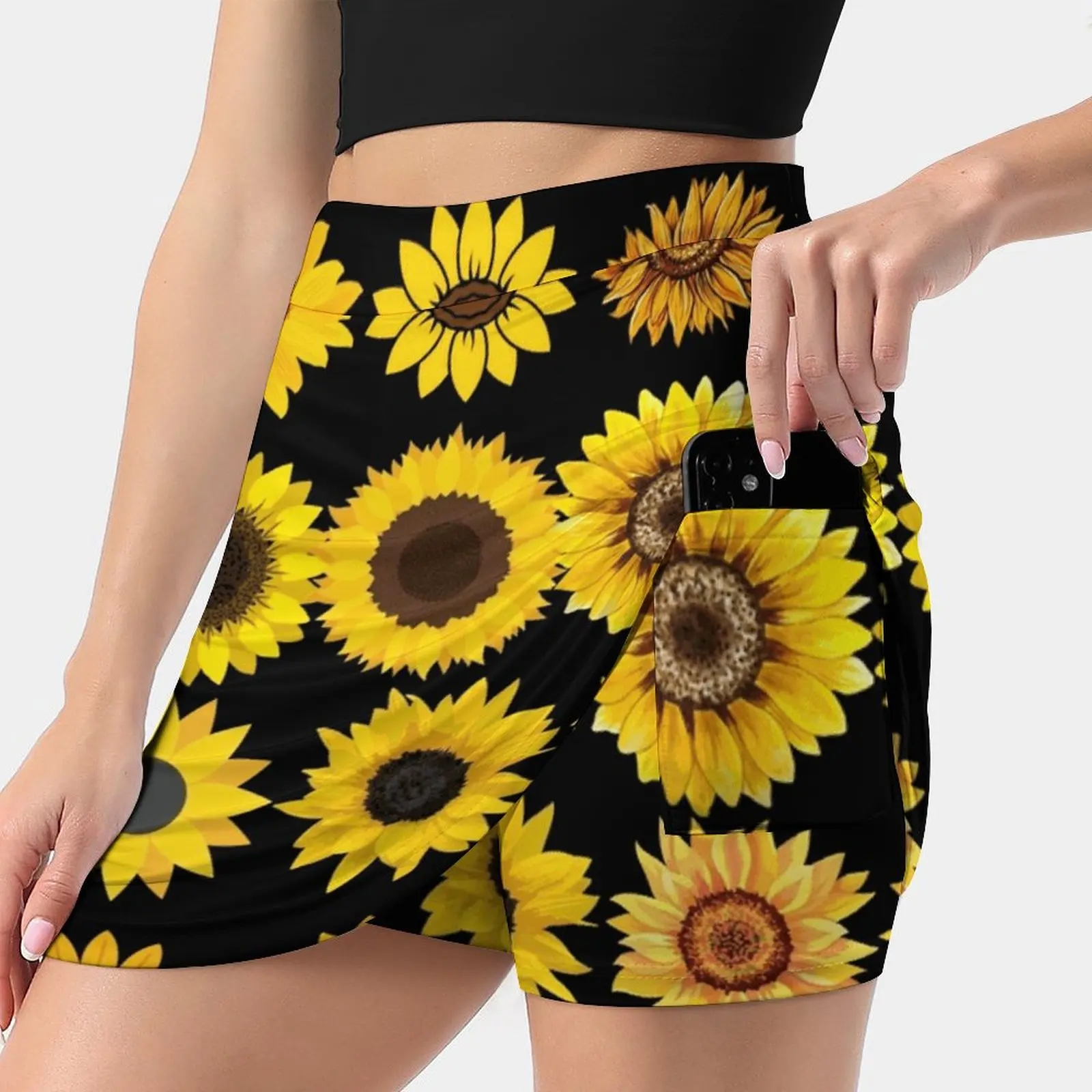 Sunflower Pattern - Design 2 Women Mini Skirt Two Layers With Pocket Skirts Sport Fitness Running Skorts Heliopsis Loraine