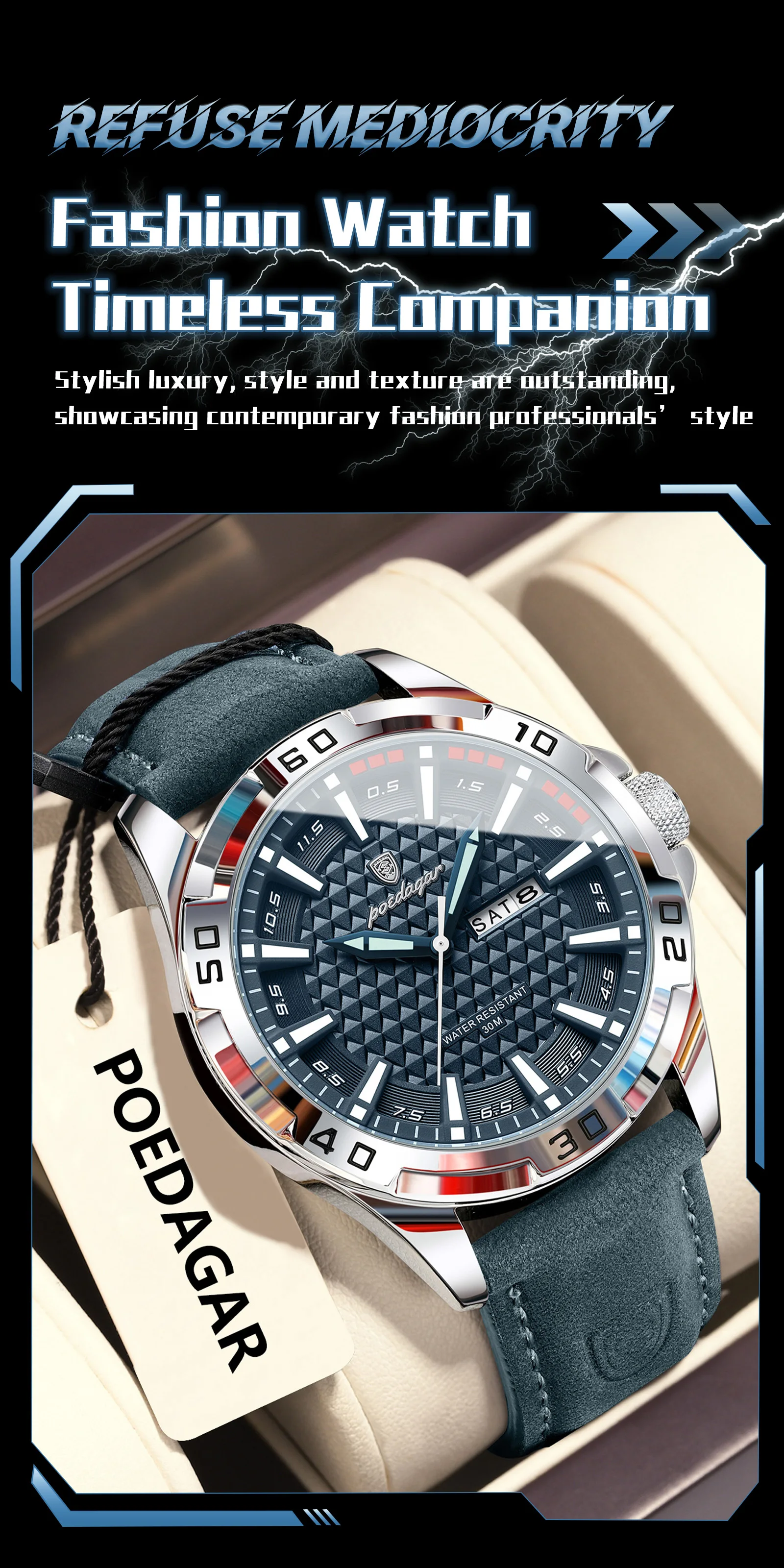 POEDAGAR Original Männer Uhr Luxus Wasserdicht Leucht Datum Woche Uhr Für Mann Quarz Leder Mode herren Uhren Reloj Hombre – Detail 5