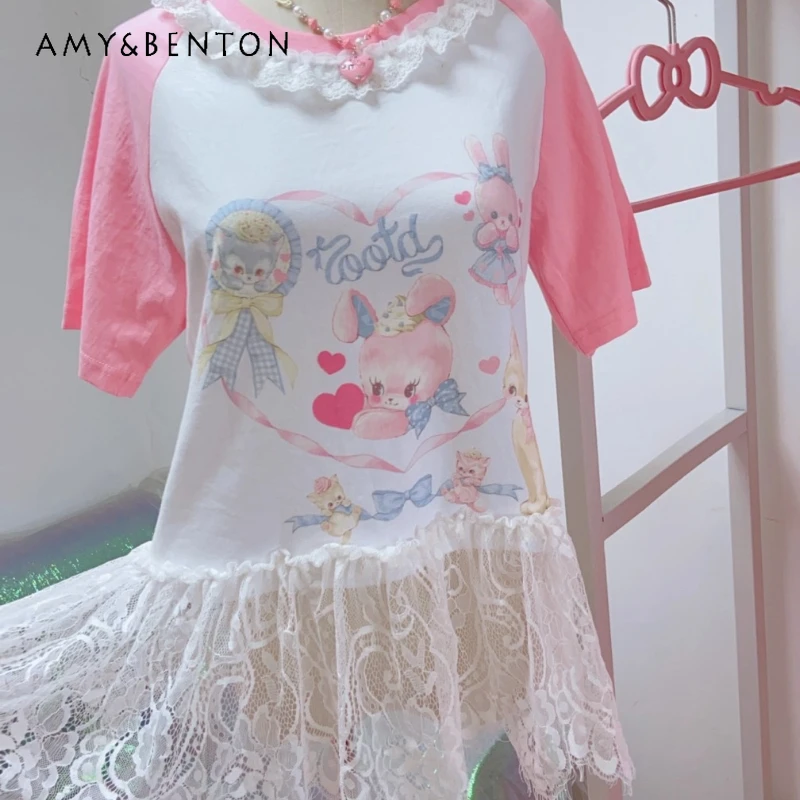 

2025 Summer New Cartoon Pattern Pure Cotton Round Neck Women's T-Shirt Original Design Lace Splicing Half Skirts Sets Ladies