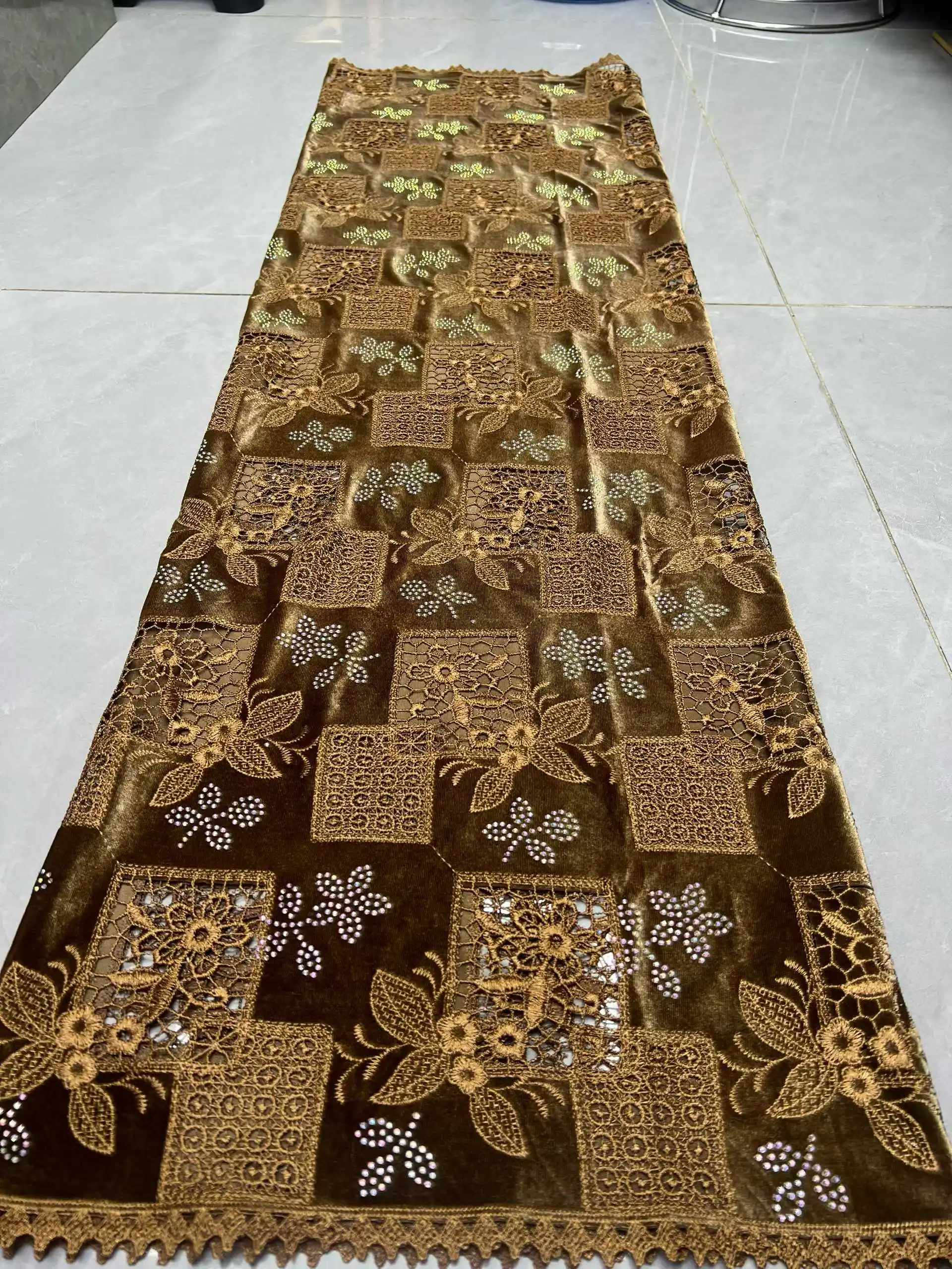 New Diamond Velvet Fabric Laser Embroidered Hotfix Rhinestone Floral African Lace for DIY Wedding Dresses Cloth Sewing by Yards