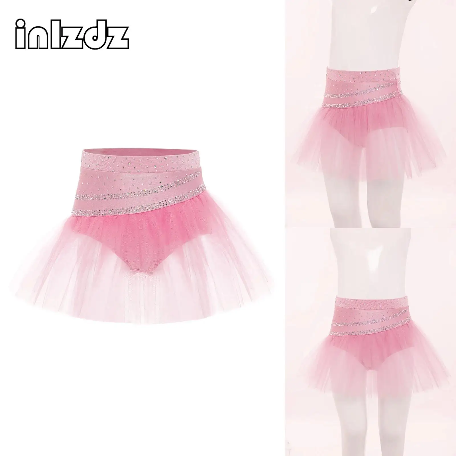 

Kids Girl Ballet Dance Skirts Stage Performance Clothes 2 Layers Tulle Skirt Elastic Waistband Shiny Rhinestones Skirt Dancewear
